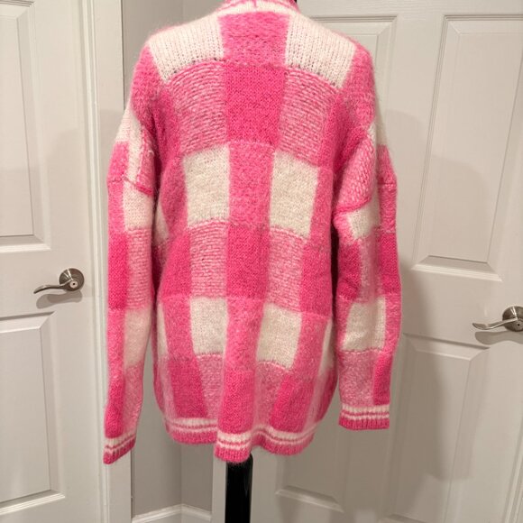 Maje My Squared Checkered Jacquard Cardigan, Size M, Hot Pink Mohair Oversized - Picture 2 of 8